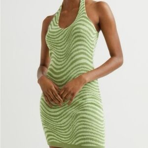Divided Green Wave-Stripe Knit Halter Dress